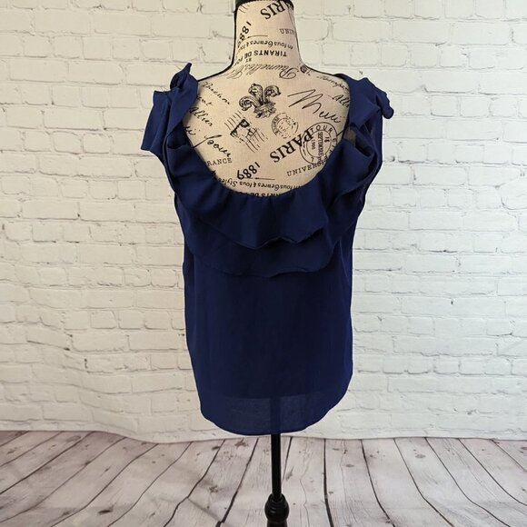 PAPER CRANE Blue Spaghetti Strap Ruffle Blouse Top L - Picture 2 of 5